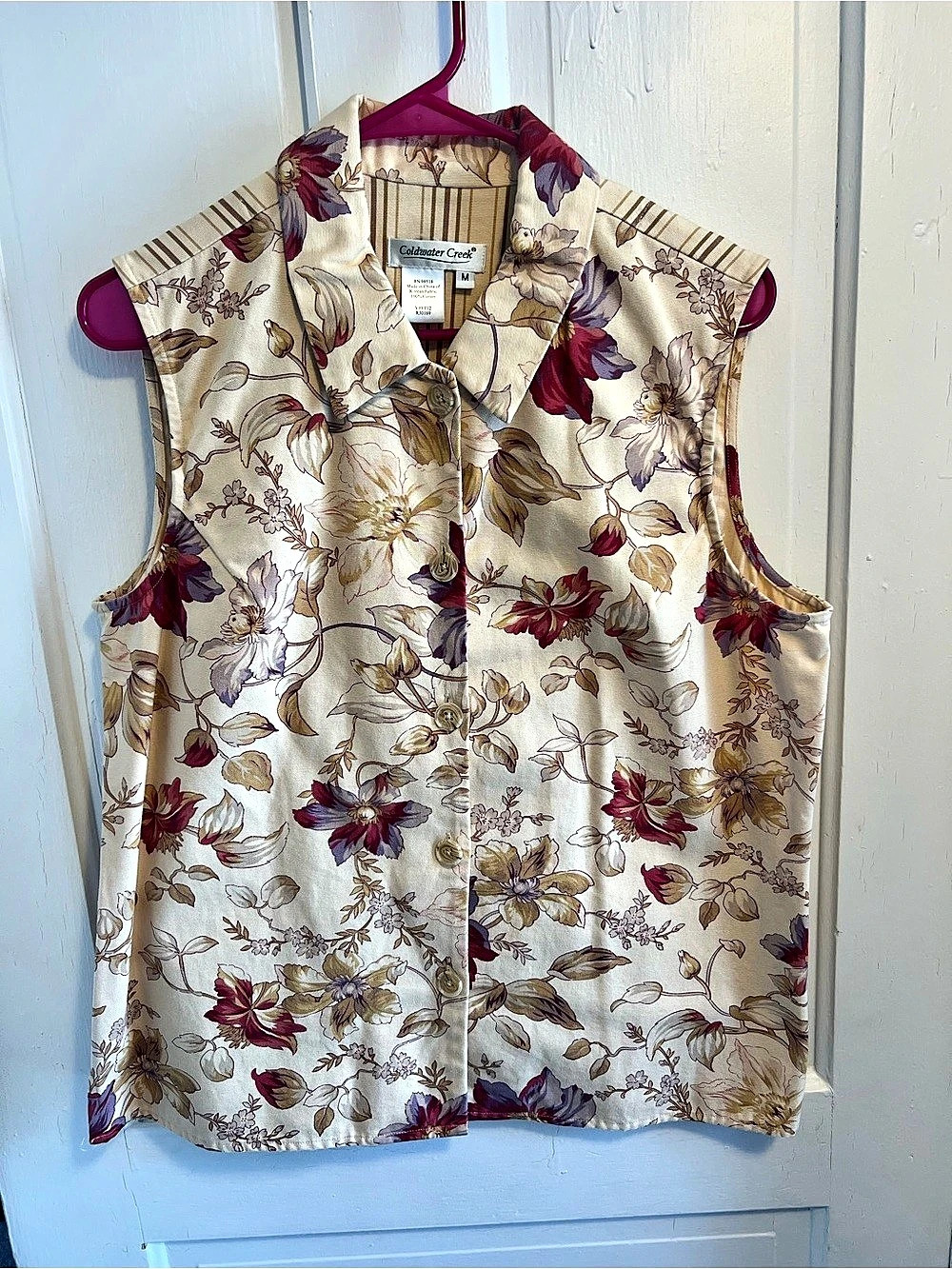 Coldwater Creek Floral Button Front Top Cream & Burgundy Medium
